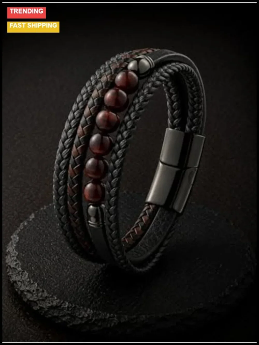 Braided Leather Bracelet with Natural Stone Beads Stainless Steel Clasp Men's